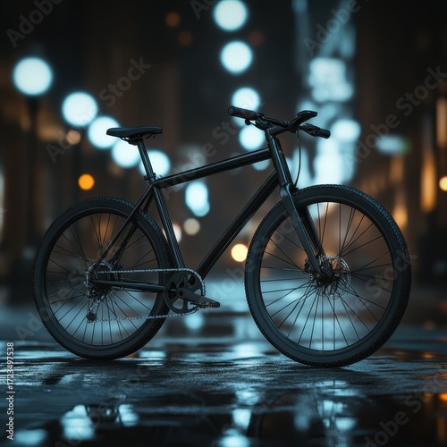 Sleek black city bike on a wet urban street at night.