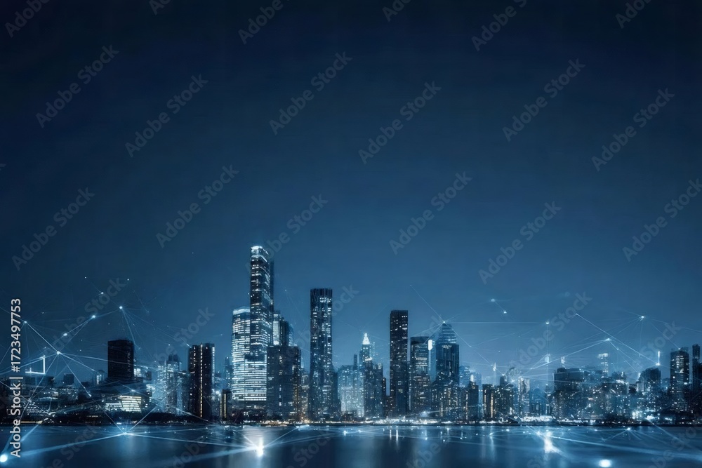 Obraz premium 夜空の星明かりの下に輝く都会のスカイライン