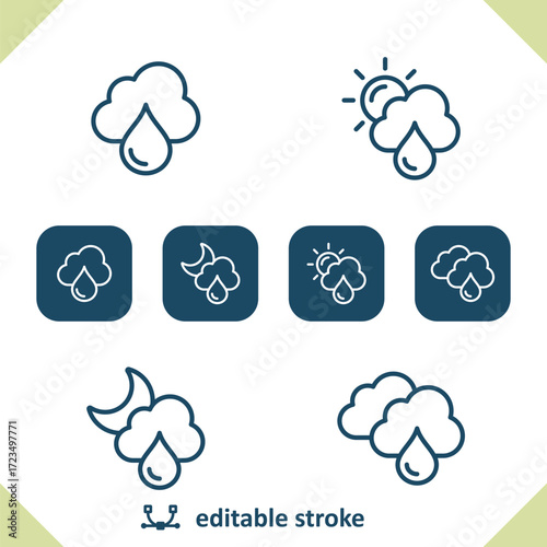 Weather Icons. Raining, Rain, Cloud, Raindrop, Droplet, Sun, Moon, Day, Night