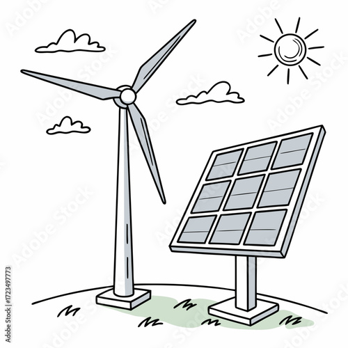 Cartoon illustration of a wind turbine and solar panel under a sunny sky with clouds representing renewable energy sources