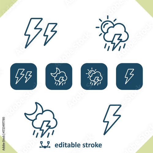 Weather Icons. Lightning Bolt, Storm, Cloud, Rain, Raining