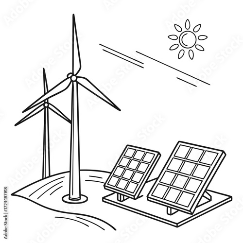 Clean energy concept with wind turbines and solar panels under a bright sun illustration