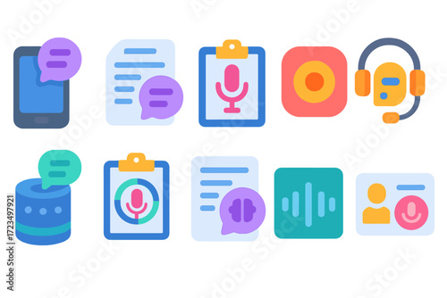 Speech recognition and assistant flat icon set for digital interfaces