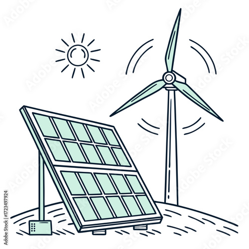 Clean energy concept with a solar panel and wind turbine under a bright sun illustration