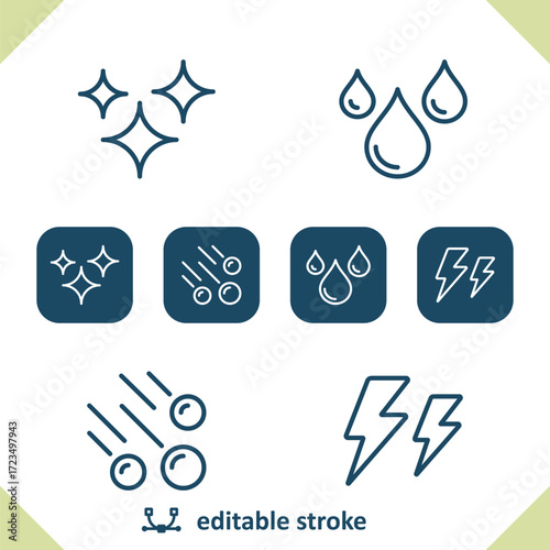 Weather Icons. Stars, Rain, Raindrop, Hail, Hailstone, Storm, Lightning Bolt