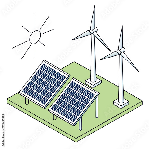 Clean energy generation with solar panels and wind turbines under a bright sun