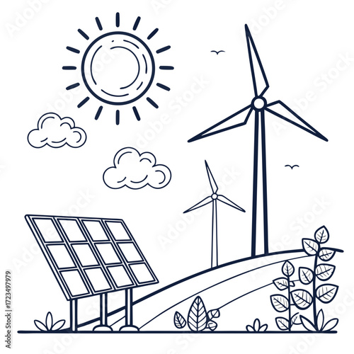 Clean energy illustration featuring a sun clouds solar panels and wind turbines on a grassy hill with plants