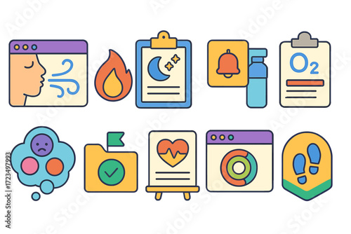 Health and wellness flat icon set with medical and fitness graphics
