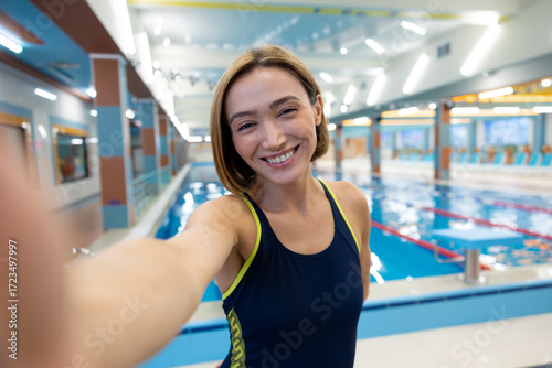 Εκτύπωση καμβά Happy short-haired young woman making selfie at the pool