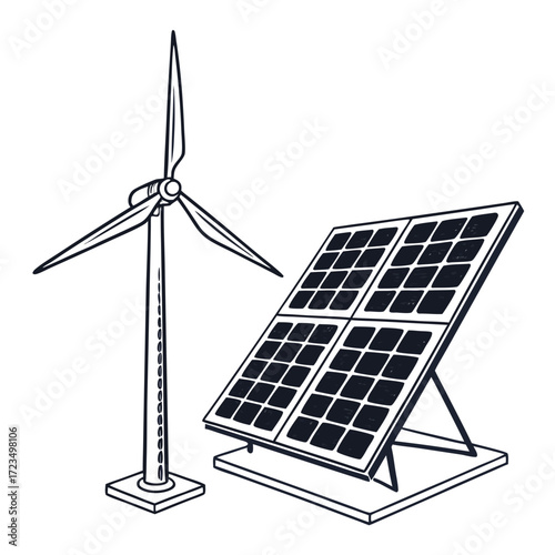Clean energy sources depicted as a wind turbine and solar panels in a simple hand drawn sketch style