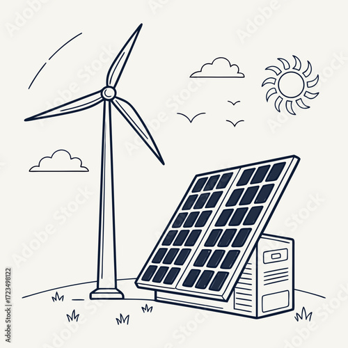 Clean energy sources including a wind turbine and solar panel illustration on a light background with sun and clouds