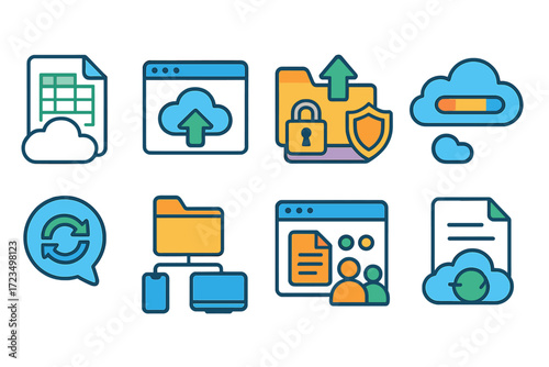 Cloud storage flat icon set. data security, file synchronization vectors collection.