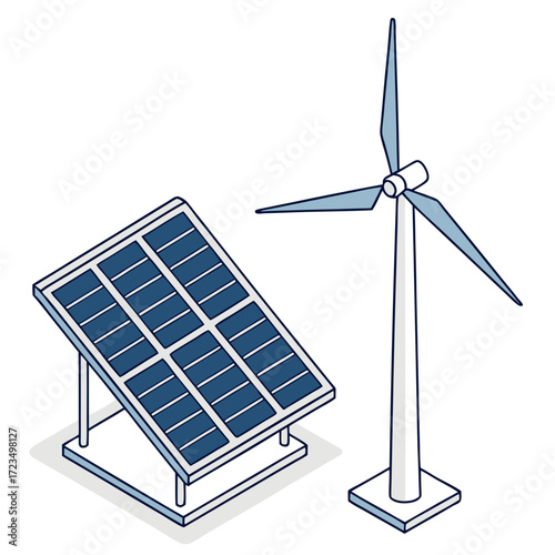Clean energy sources depicted as an isometric illustration of a solar panel and a wind turbine against a white background