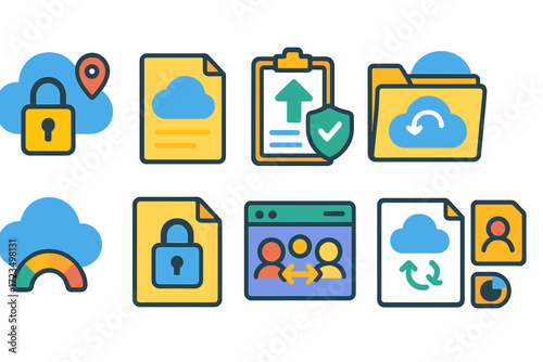 Cloud storage flat icon set. file management, security, backup flat icons collection