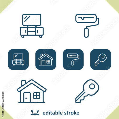 Home Icons. TV Stand, Paint Roller, House, Key, Real Estate Icon