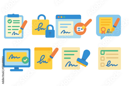 Digital signature flat icon set. electronic, documents, approved icons collection