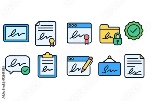 Digital signature flat icon set. electronic, secure contract icons in flat design