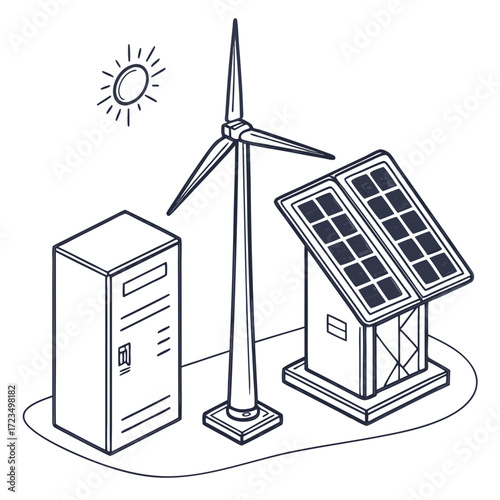 Clean energy sources including a wind turbine solar panels and a battery storage unit under a bright sun