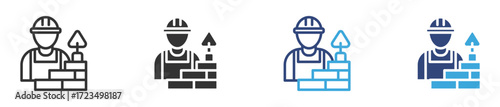 Bricklaying Worker icon set in outline  and flat style, vector illustration . 