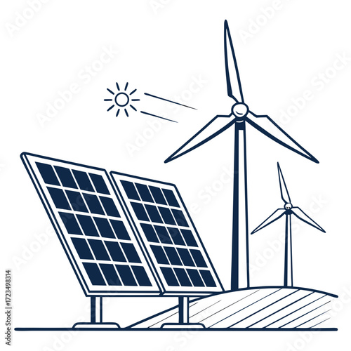 Clean energy sources solar panels and wind turbines generating power from the sun and wind