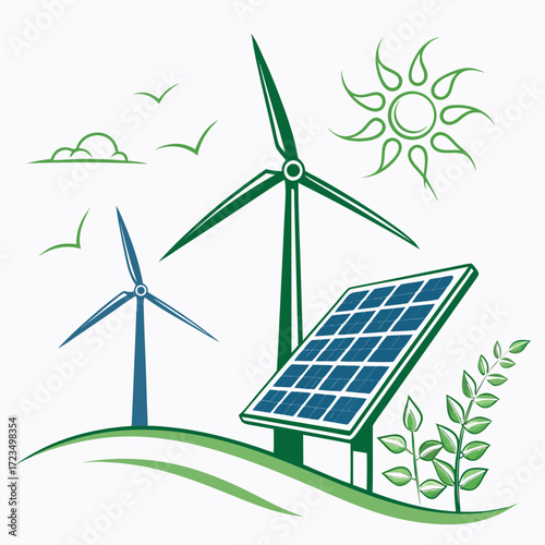 Clean green energy concept with wind turbines solar panel sun clouds and birds flying in blue sky