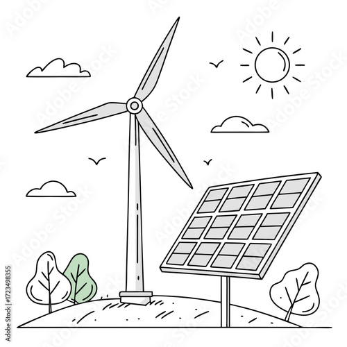Clean energy sources wind turbine and solar panel illustration on a hill with trees and sun