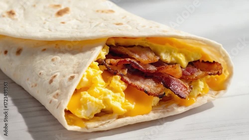 Breakfast wrap with scrambled eggs, bacon, and cheese
