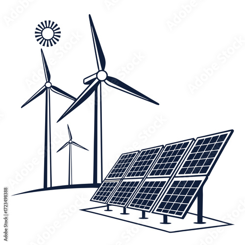 Clean renewable energy sources including wind turbines and solar panels under a stylized sun