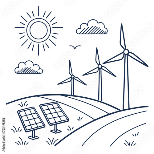 Drawn illustration of solar panels and wind turbines on rolling hills under a sunny sky with clouds and a bird