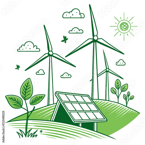 Green energy landscape with wind turbines solar panel and growing plants under a stylized sun and clouds