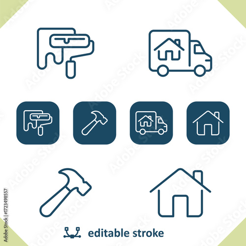 Real Estate Icons. House, Home, Paint Roller, Moving Van, Hammer Icon