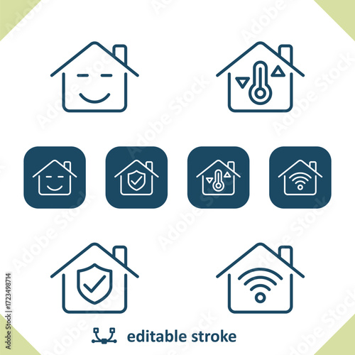 Real Estate Icons. House, Houses, Building, Smile, Temperature, Insurance, WiFi Icon