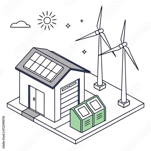 Isometric illustration of a house with solar panels and wind turbines representing renewable energy sources for a sustainable future