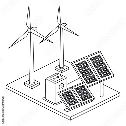 Isometric illustration of renewable energy sources including wind turbines and solar panels with a central power unit