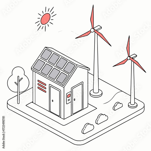 Modern house with solar panels and wind turbines representing sustainable energy generation and eco friendly living