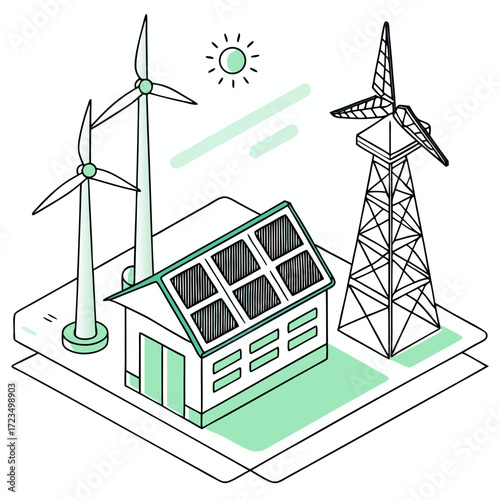 Modern sustainable energy concept with solar panels on a house and wind turbines generating clean power