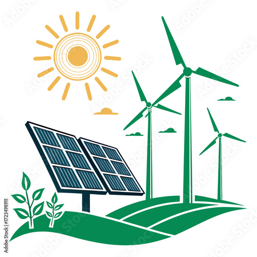 Renewable energy concept with solar panels and wind turbines under a bright sun on green hills