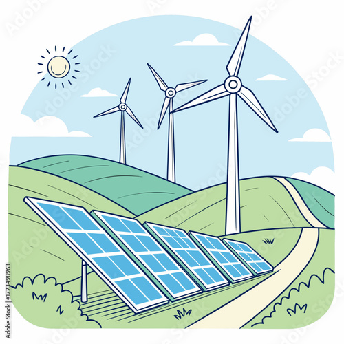 Renewable energy landscape with solar panels and wind turbines under a bright sun and blue sky