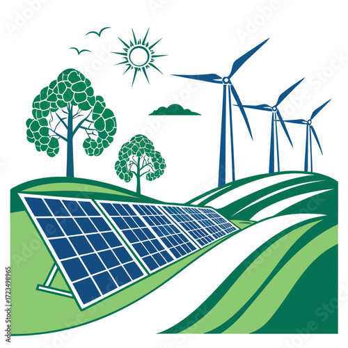 Renewable energy landscape with solar panels and wind turbines on rolling green hills under a bright sun