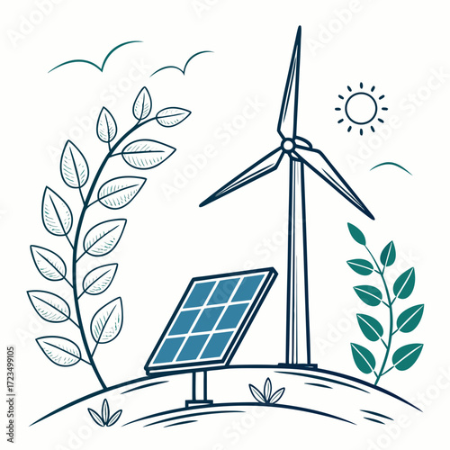 Stylized illustration of a wind turbine and solar panel on a grassy hill with plants and birds symbolizing renewable energy and environmental sustainability