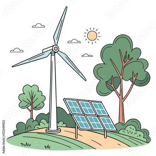 Stylized illustration of a wind turbine and solar panels in a green landscape under a sunny sky