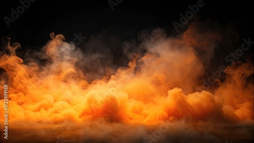Dense orange fog or smoke envelops a barren landscape on a black background
