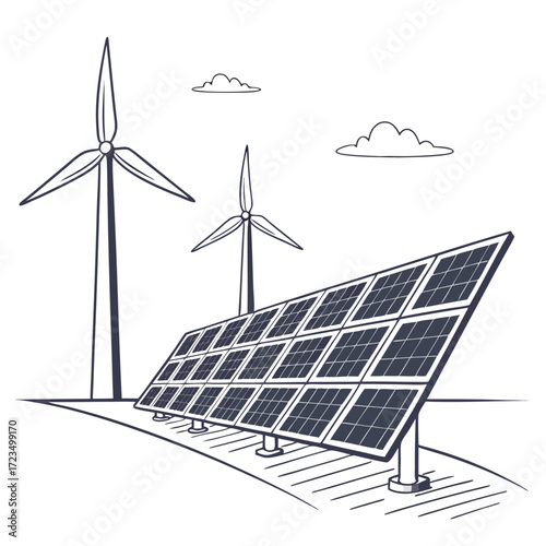 Stylized illustration of solar panels and wind turbines generating clean renewable energy under a cloudy sky