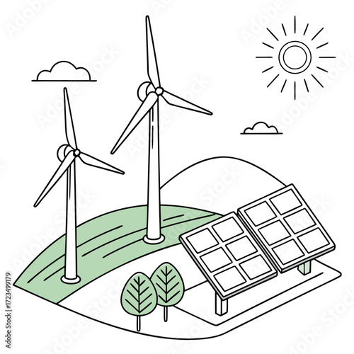 Stylized illustration of wind turbines and solar panels on rolling green hills under a bright sun and clouds