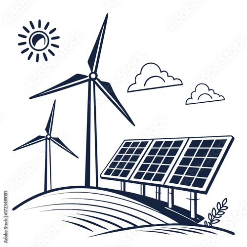Stylized illustration of wind turbines and solar panels on rolling hills under a sunny sky