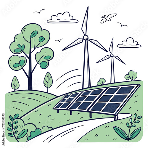 Sustainable energy landscape featuring wind turbines and solar panels on rolling green hills with trees and birds flying