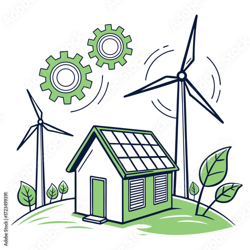 Sustainable energy concept with a house solar panels wind turbines gears and green leaves on a hill