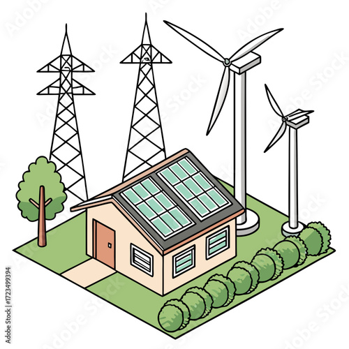 Sustainable energy generation with solar panels on a house wind turbines and power lines