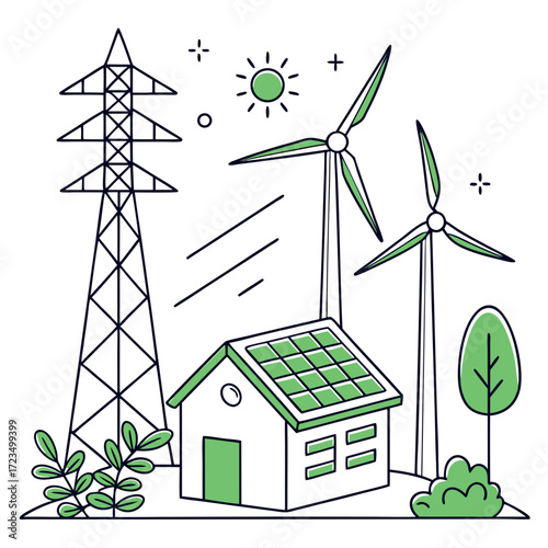 Sustainable energy sources powering a modern home with wind turbines solar panels and power lines