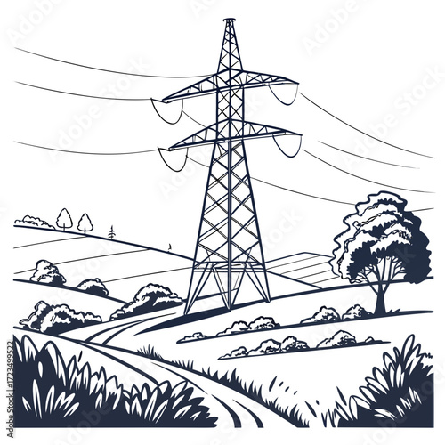 A solitary power line tower stands tall amidst rolling hills and a winding road in a stylized landscape illustration